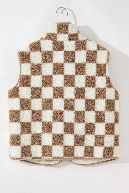 Threaded Pear Mindi Checkered Sherpa Collared Jacket Vest