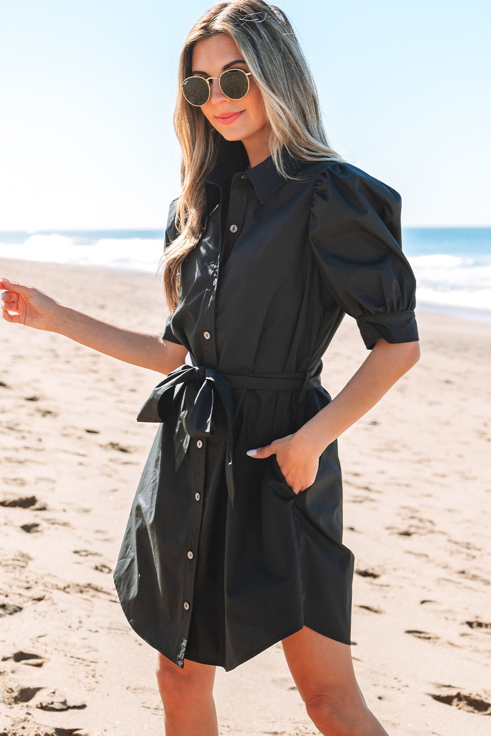 Threaded Pear Malaya Button Up Tie Waist Puff Sleeve Mini Dress