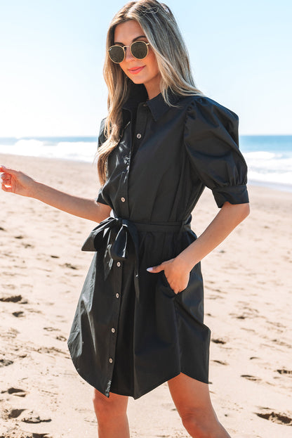 Threaded Pear Malaya Button Up Tie Waist Puff Sleeve Mini Dress