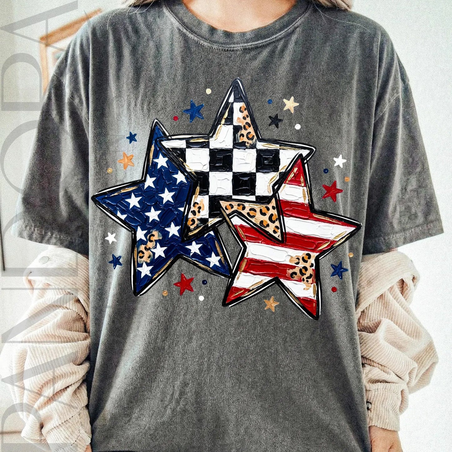 Checkered Leopard Stars Graphic Tee
