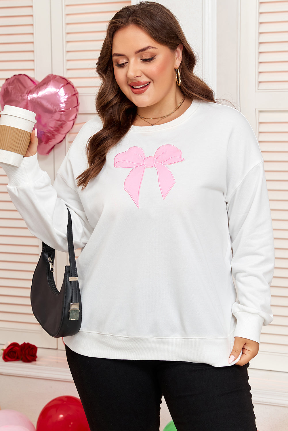 Threaded Pear Beige Big Bow Accent Plus Size Drop Shoulder Sweatshirt