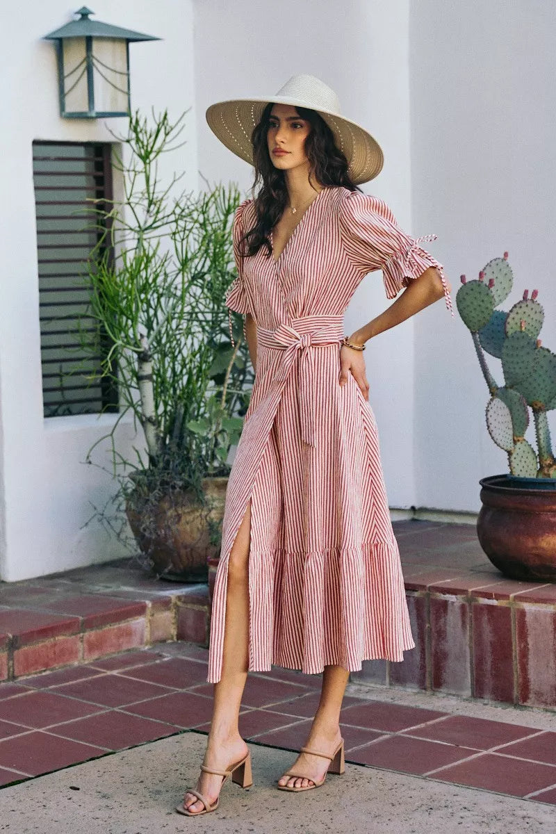 SO ME Stripe Textured Short Sleeves Lined Wrap Midi Dress