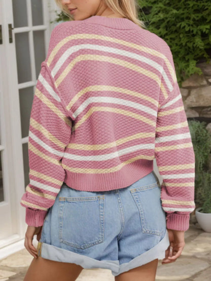 Cropped Striped Button-Down Knit Cardigan