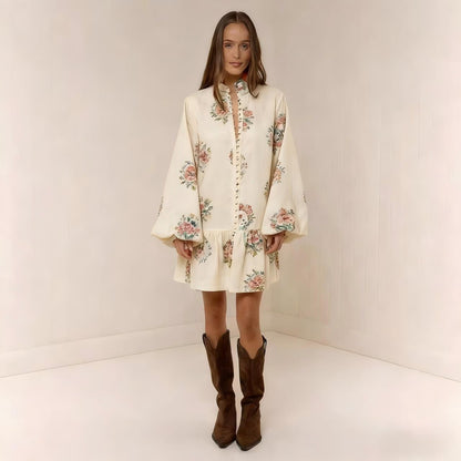 Digital Print Lantern Sleeve Linen Midi Dress – Loose Fit Pullover