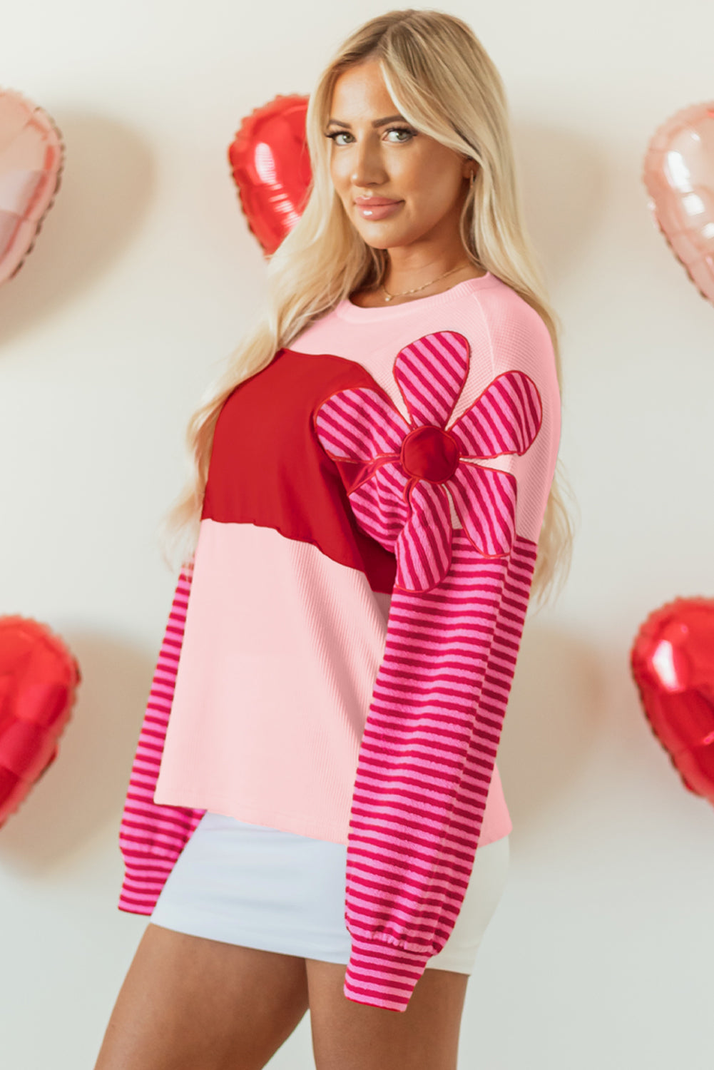 Threaded Pear Emi Striped Sleeve Textured Top