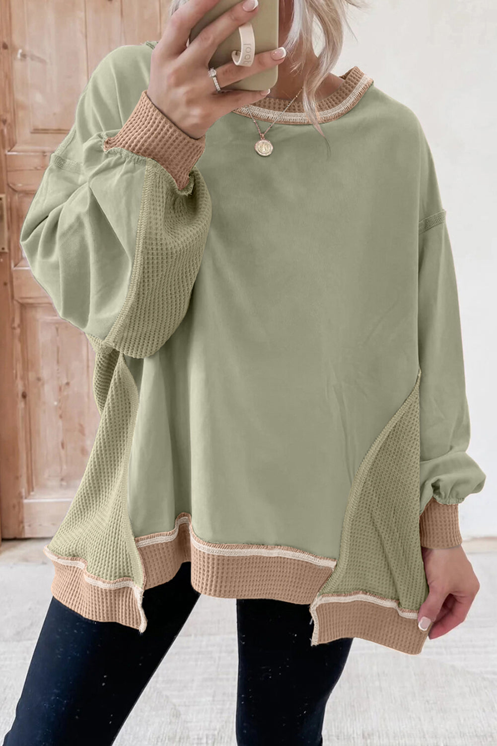 Threaded Pear Maelynn Waffle Patchwork Oversize Sweatshirt