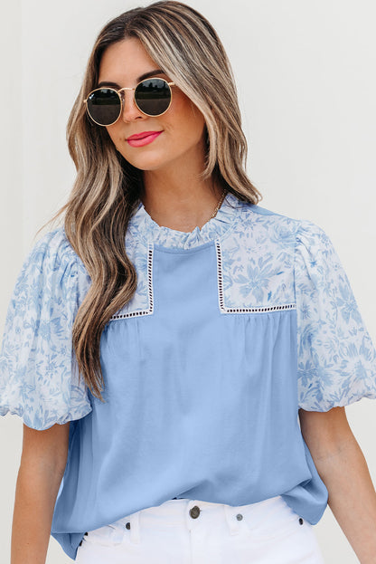 Threaded Pear Saanvi Lace Floral Puff Sleeve Loose Blouse