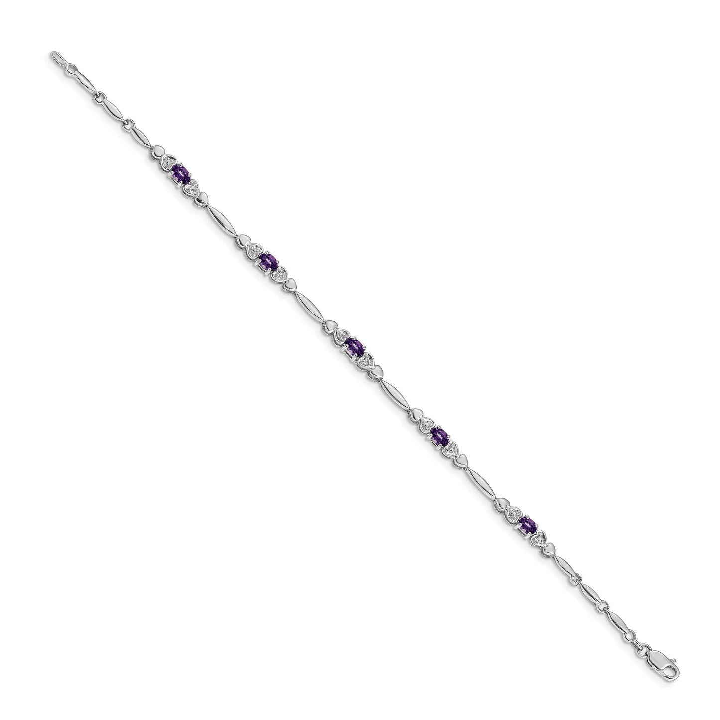 14k White Gold Unisex Oval Amethyst Heart 7 inch Bracelet