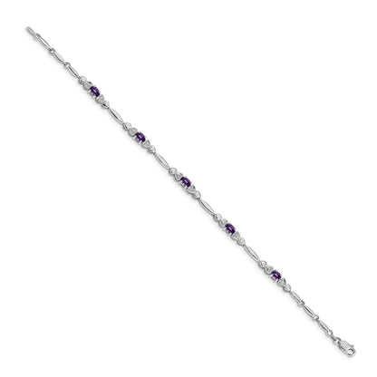 14k White Gold Unisex Oval Amethyst Heart 7 inch Bracelet