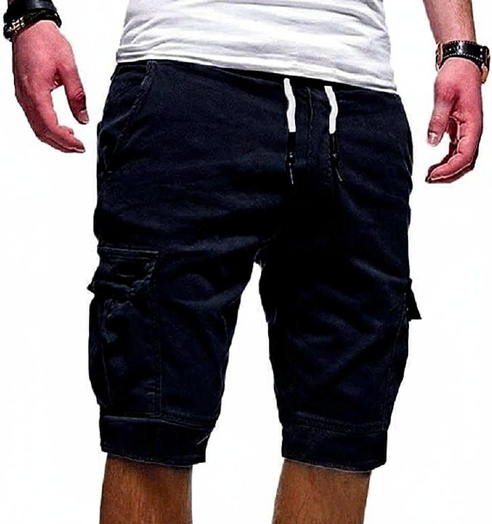 Prime Goods Men Casual Chino Cargo Shorts Elastic Waist Drawstring 6 Pockets Summer Trousers - Black