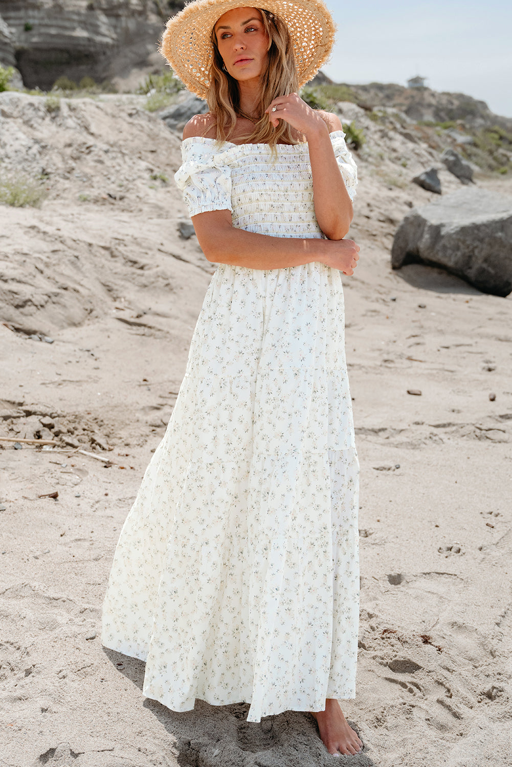 Threaded Pear Robin Frilly Shirred Bodice Tiered Floral Maxi Dress
