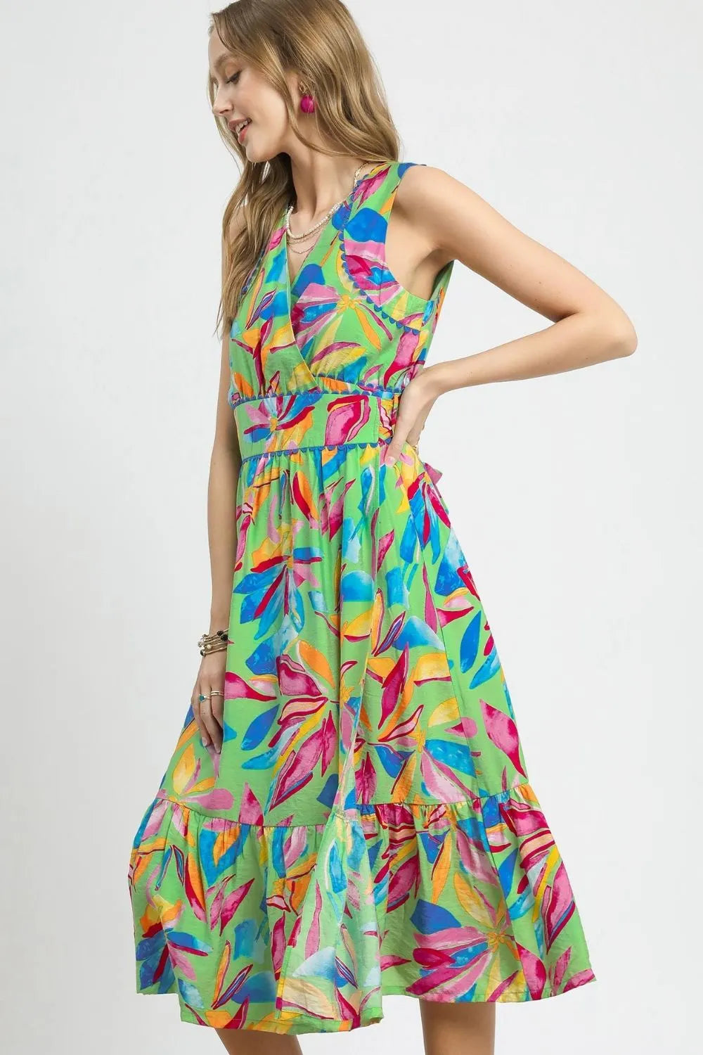 Umgee Ruffled Hem Printed Sleeveless Midi Dress