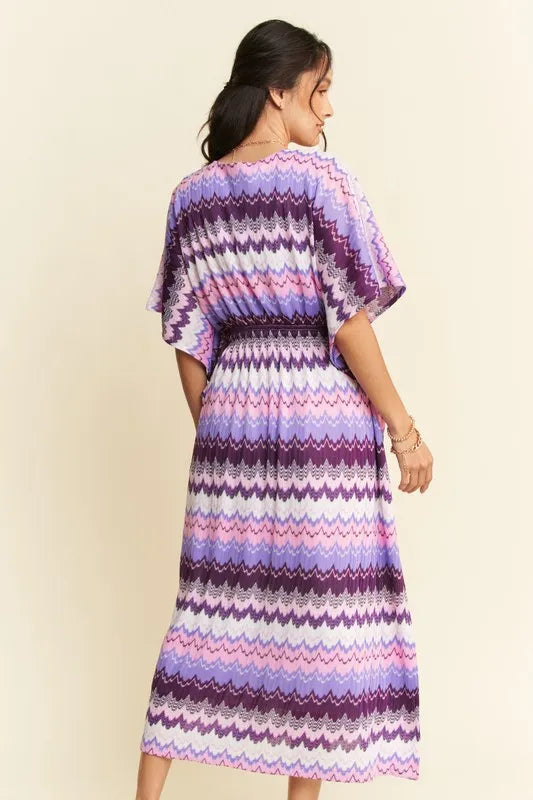 Davi & Dani Multi Color Wavy Tie Waist Flowy Sleeve Dress