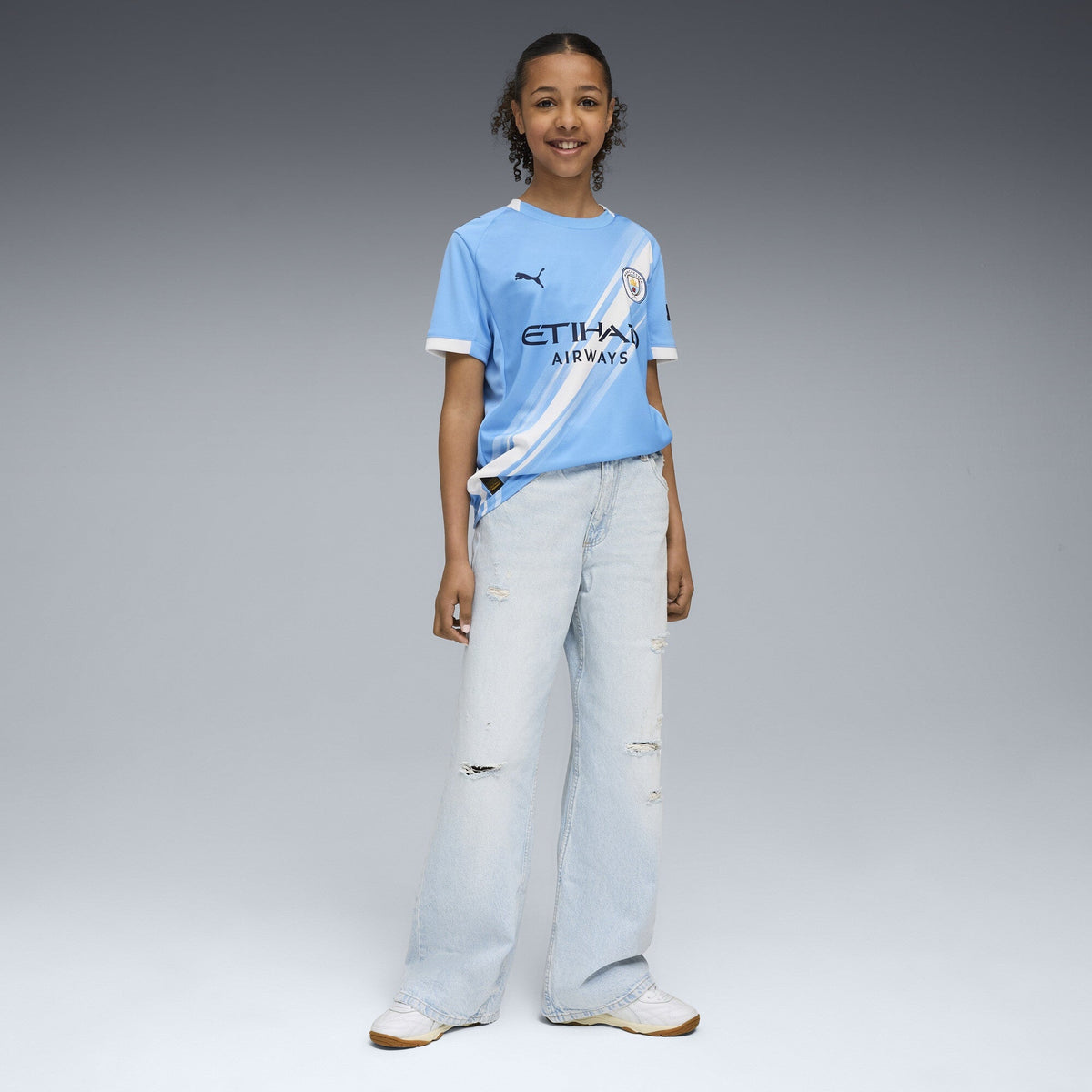 Puma Youth Manchester City Home Crew Neck Short Sleeve Replica Jersey - Light Blue