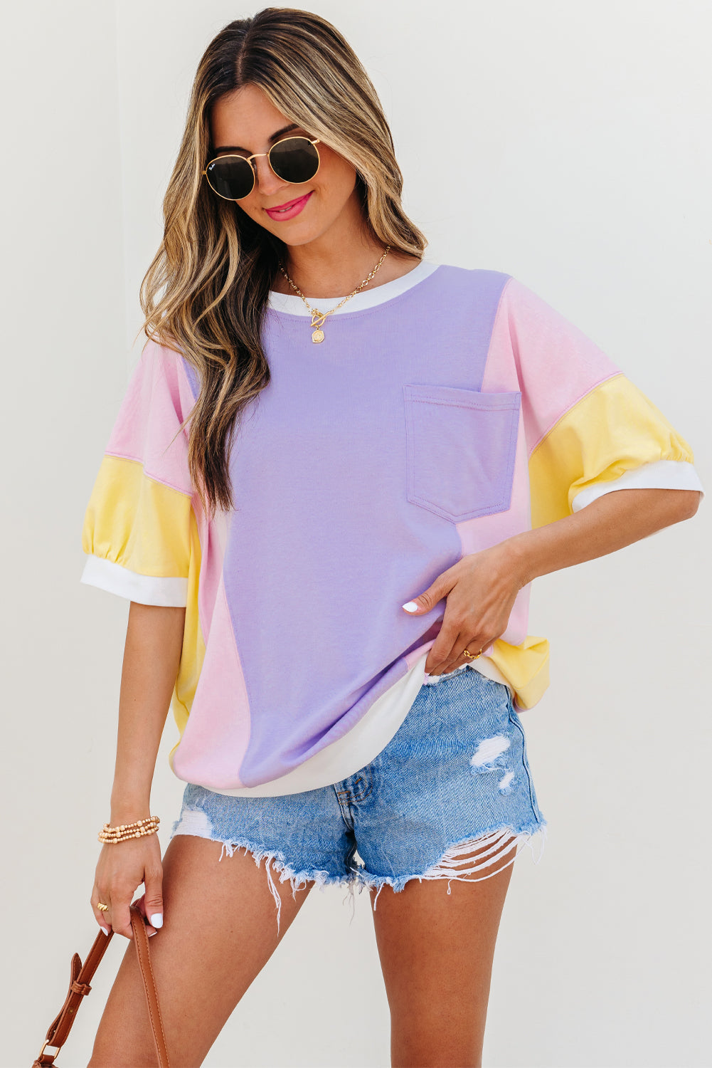 Threaded Pear Zoe Patchwork Half Sleeve Oversized Top