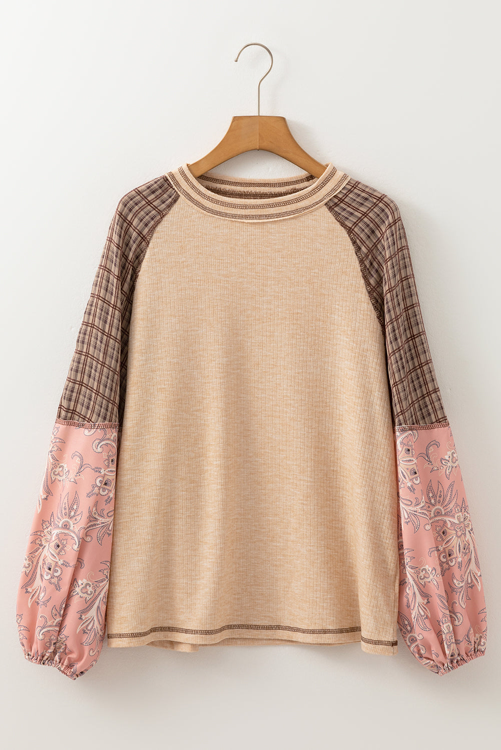 Threaded Pear Elena Raglan Sleeve Ribbed Knit Patchwork Blouse