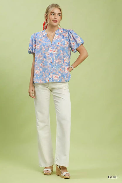 Umgee Floral Button-Front Short Sleeve Shirt