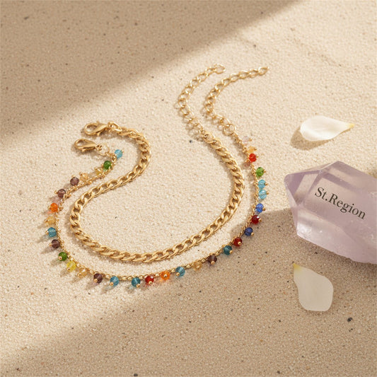 Multi-Colored Acrylic & Goldtone Beads Tassel Anklet Set