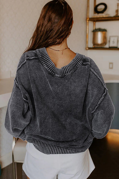 Four Leaf Clover Mineral Wash V Neck Knit Exposed Seam Drop Shoulder Loose Sweater