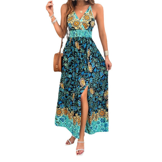 European and American Spring and Summer Women’s Temperament Printed Suspender Dress