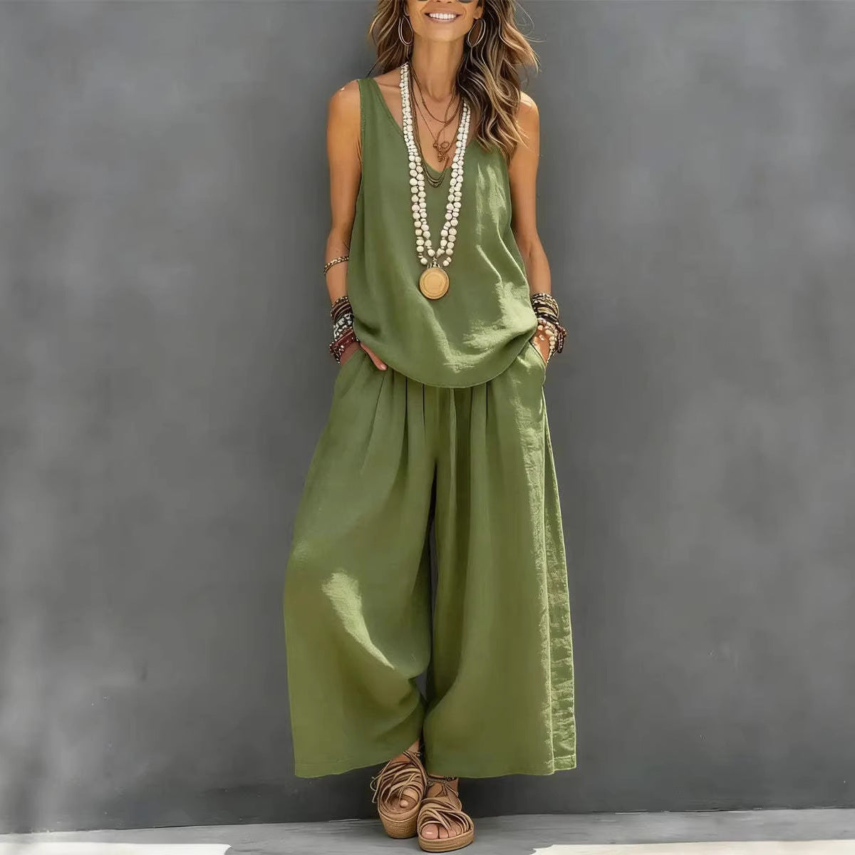 Women’s Cotton Linen Sleeveless Tank Top and Wide-Leg Pants Set