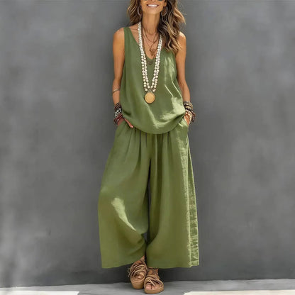 Women’s Cotton Linen Sleeveless Tank Top and Wide-Leg Pants Set