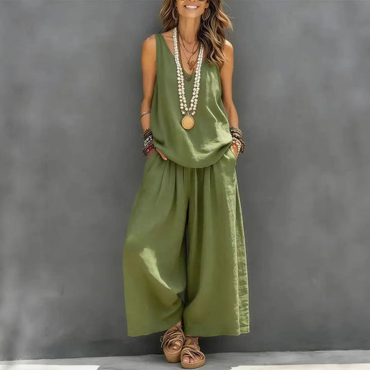 Women’s Cotton Linen Sleeveless Tank Top and Wide-Leg Pants Set