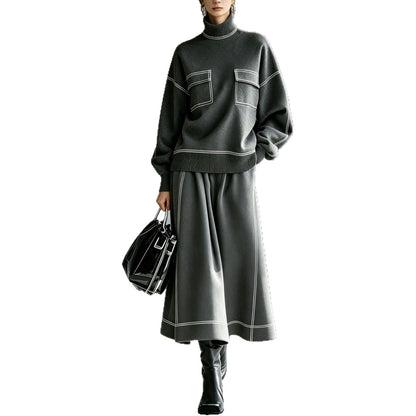 Women's Turtleneck Balloon-Sleeve Knit Top & A-Line Midi Skirt Set with Contrast Topstitching