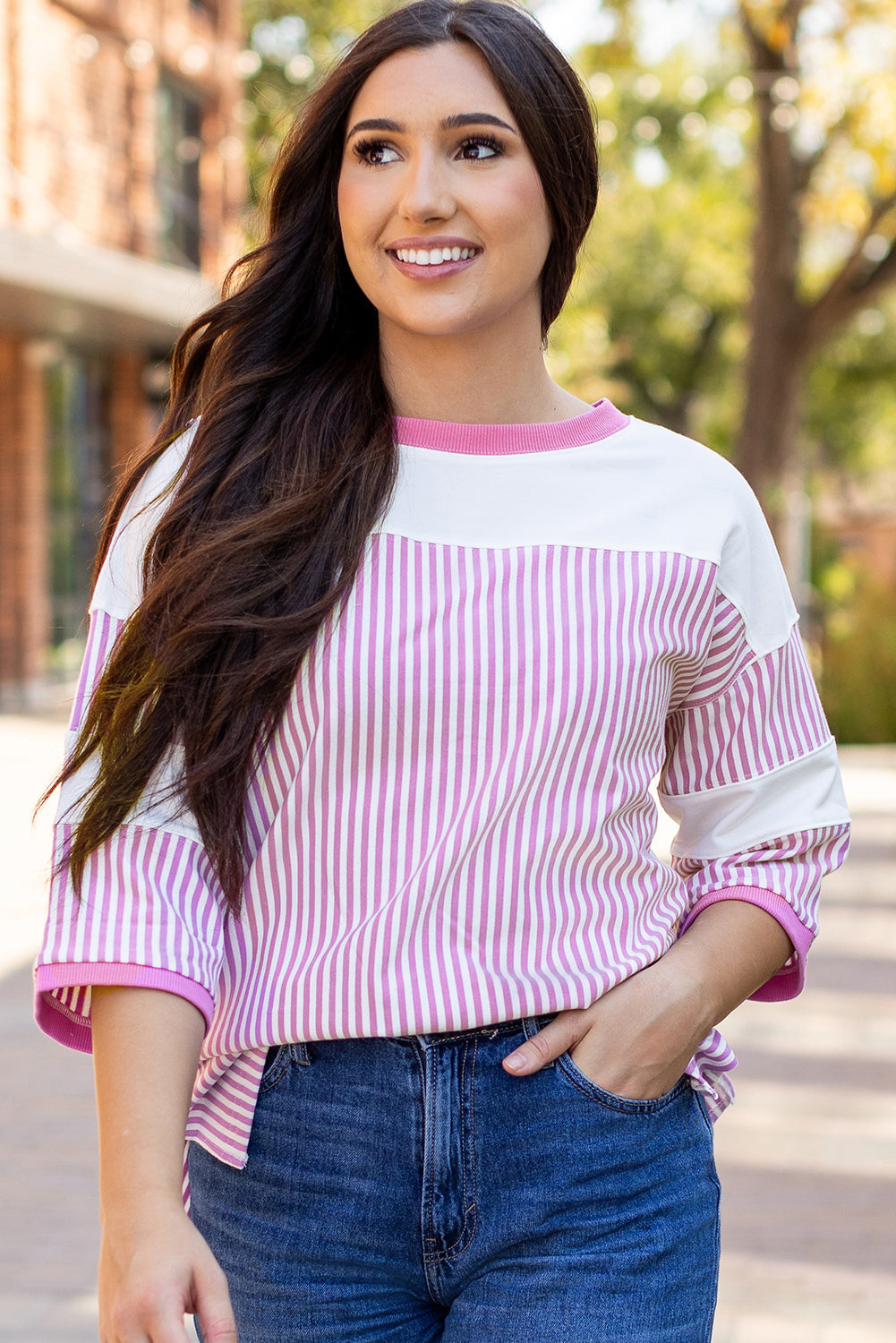 Threaded Pear Aliyah Striped Patchwork 3/4 Sleeve Casual Top