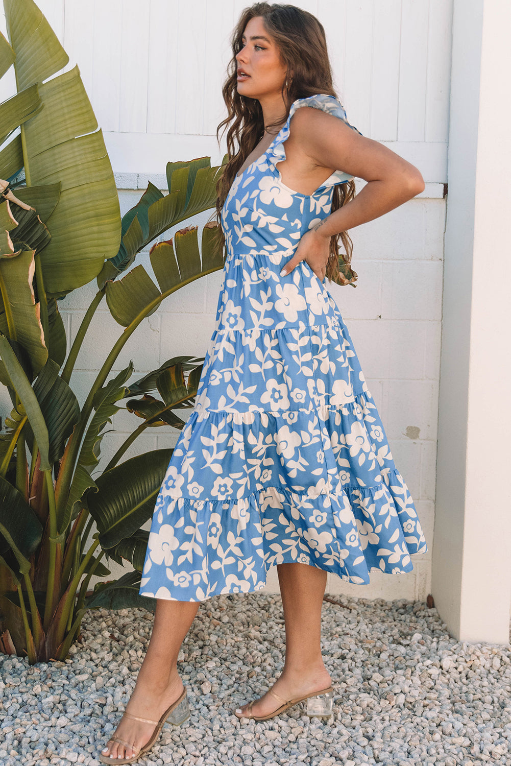 Threaded Pear Henley Floral U Neck Flutter Shoulder Tiered Midi Dress