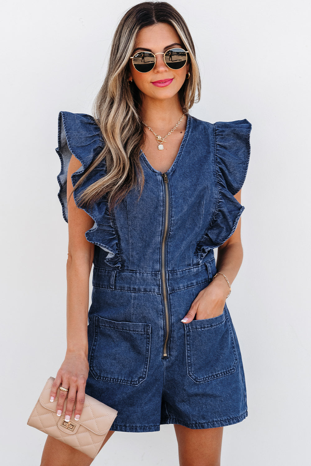 Threaded Pear Amora Denim Ruffled Zipped Front Belted Romper