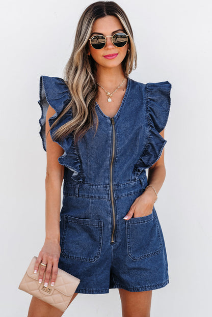 Threaded Pear Amora Denim Ruffled Zipped Front Belted Romper