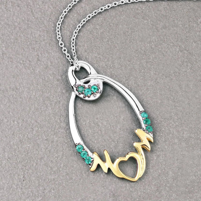 Round Green Emerald Prong Silver Mom Heart Pendant Necklace