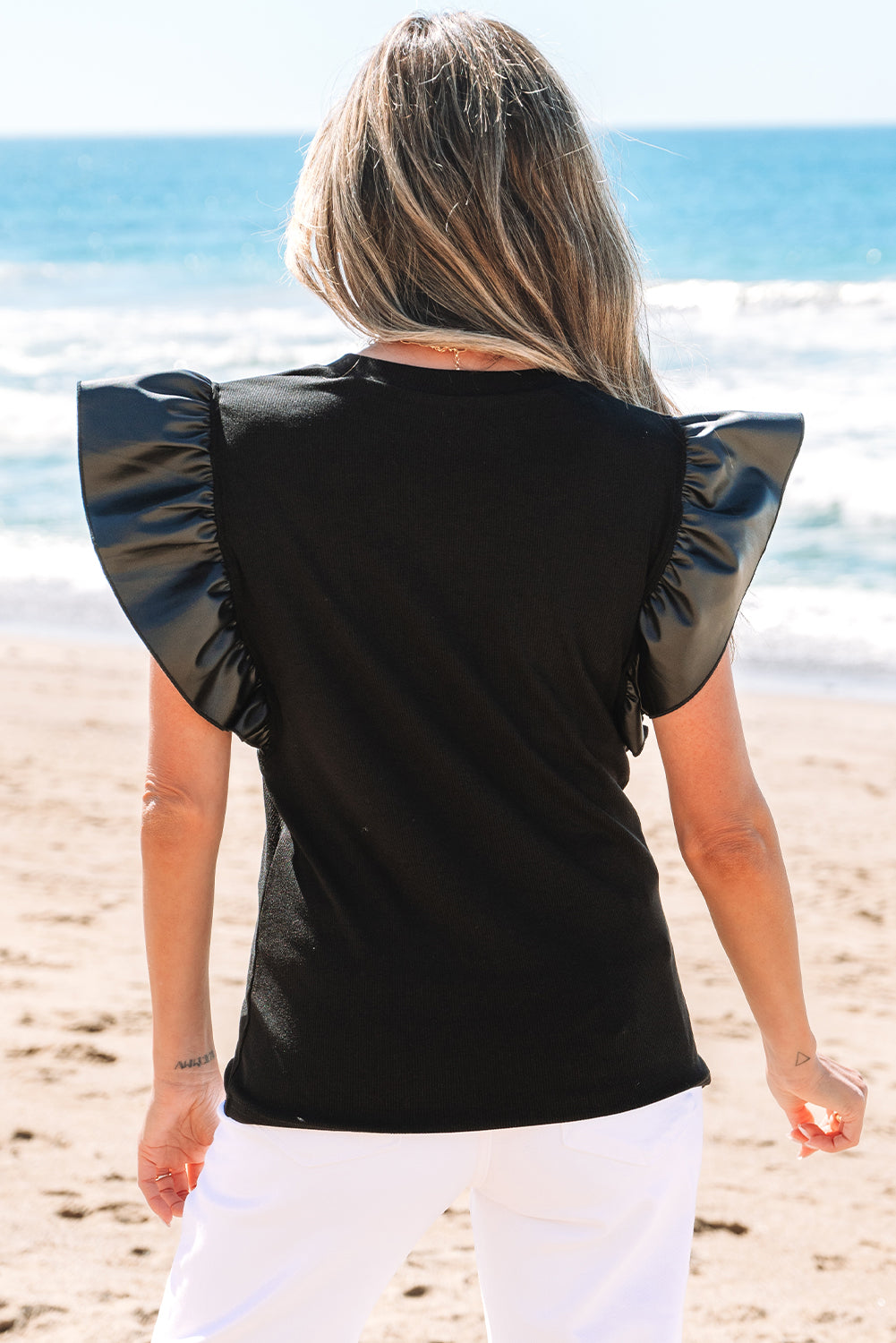 Threaded Pear Macy Leather Ruffle Sleeve Blouse