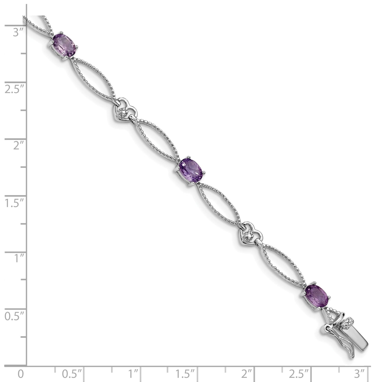Oval Purple Amethyst & Diamond Prong Sterling Silver Heart Link Bracelet