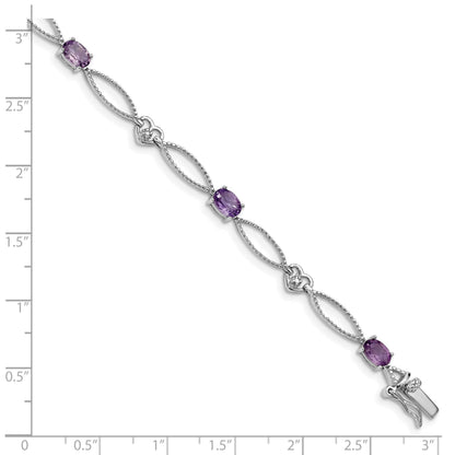 Oval Purple Amethyst & Diamond Prong Sterling Silver Heart Link Bracelet