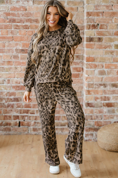 Threaded Pear Catherine Leopard Pullover Drawstring Loose Pant Set
