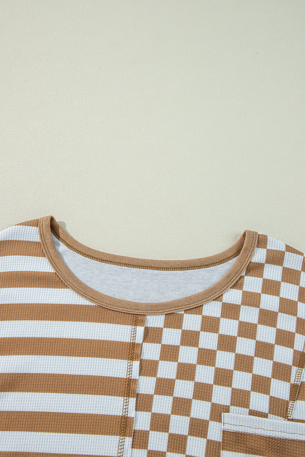 Threaded Pear Khaki Striped Checkered Mixed Print Chest Pocket Casual Plus Size Top