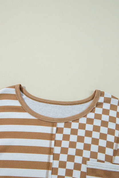 Threaded Pear Khaki Striped Checkered Mixed Print Chest Pocket Casual Plus Size Top