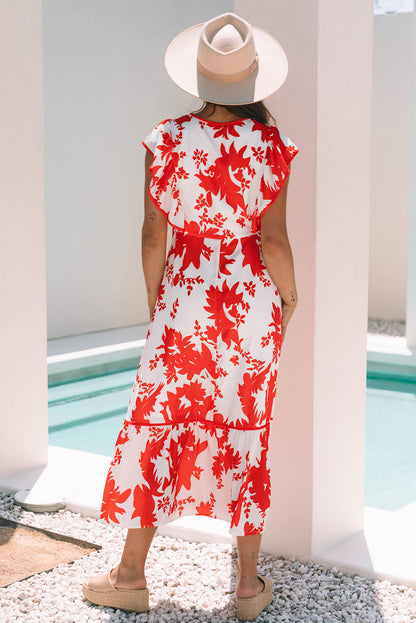 Threaded Pear Scarlett Floral Trimmed V Neck Ruffle Sleeve Long Dress