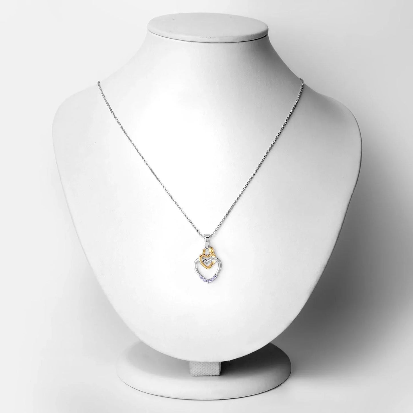 Round Violet Tanzanite Prong Silver Double Heart Pendant Necklace