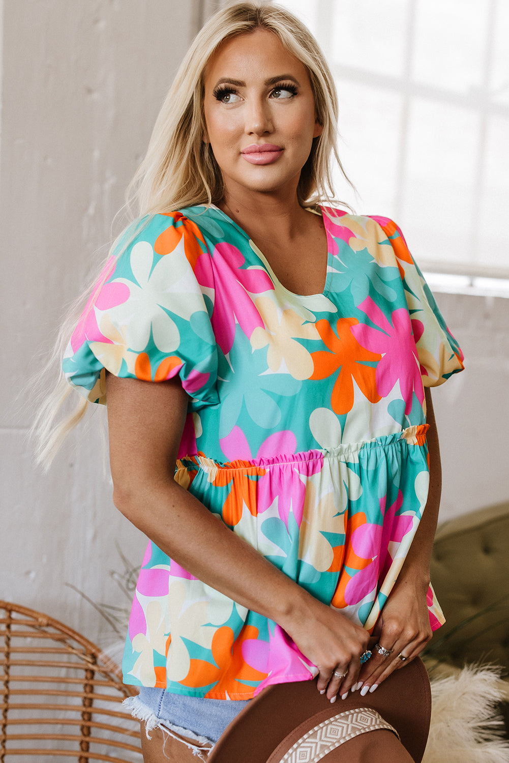 Threaded Pear Kathryn Bubble Sleeve Peplum Blouse