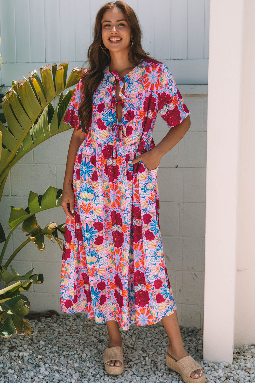 Threaded Pear Hannah Floral Tied Front High Waist Long Dress