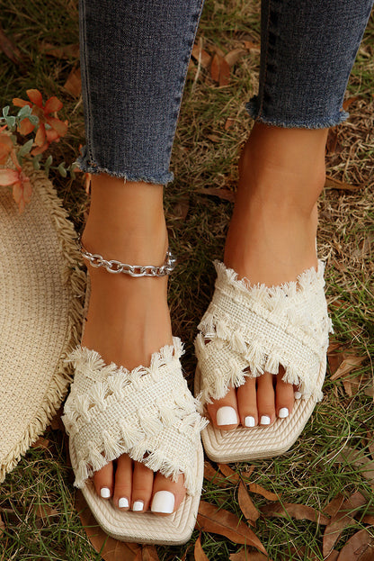 Threaded Pear Vada Tassel Woven Crossed Straps Flat Slippers