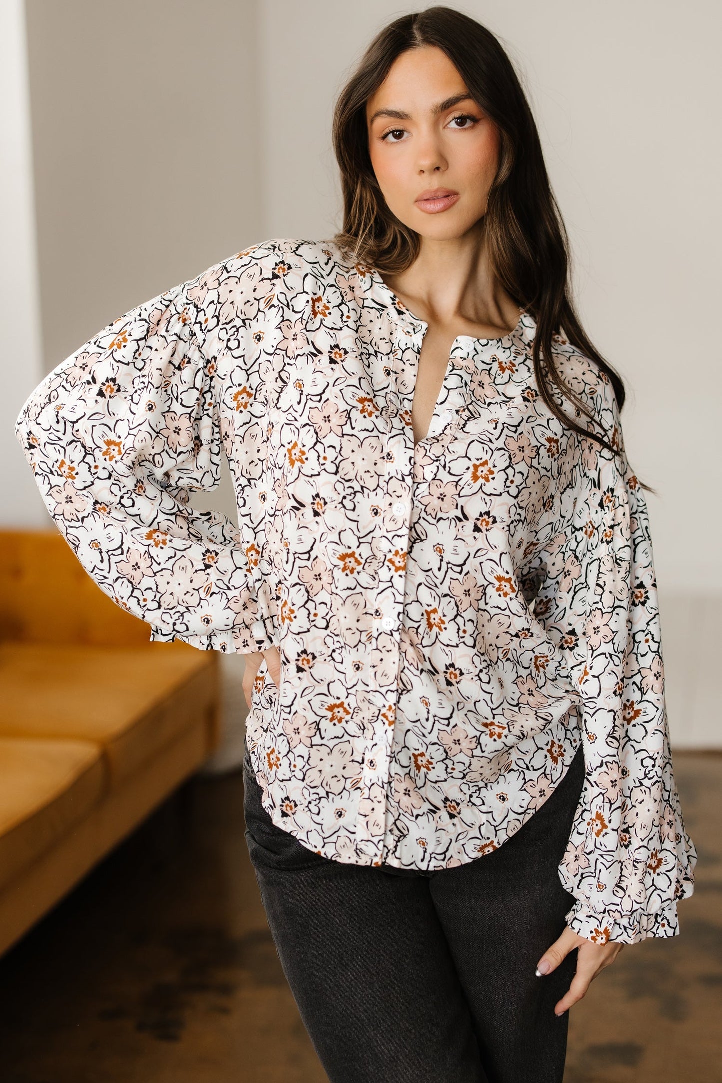 Threaded Pear Aubrey Puff Sleeve Down Shirt
