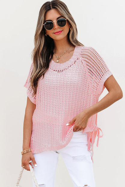 Threaded Pear Lettie Hollow-out Crochet Side Tied Short Sleeve Sweater