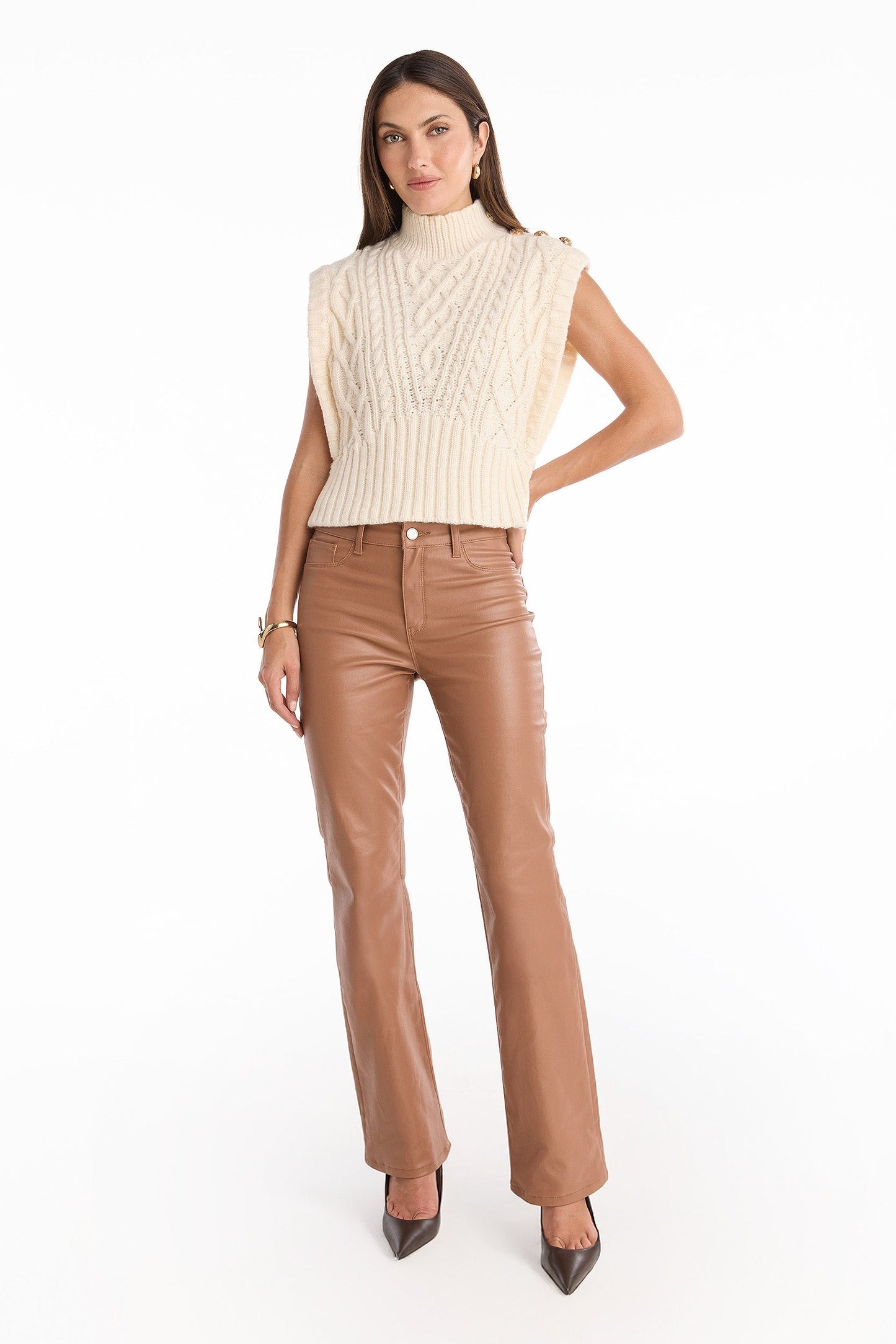 Raina Cable Knit Button Sweater - Pearl