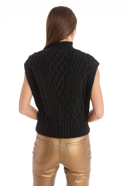 Raina Cable Knit Button Sweater - Black