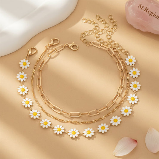 White Enamel & Goldtone Mum Stations Chain Anklet Set