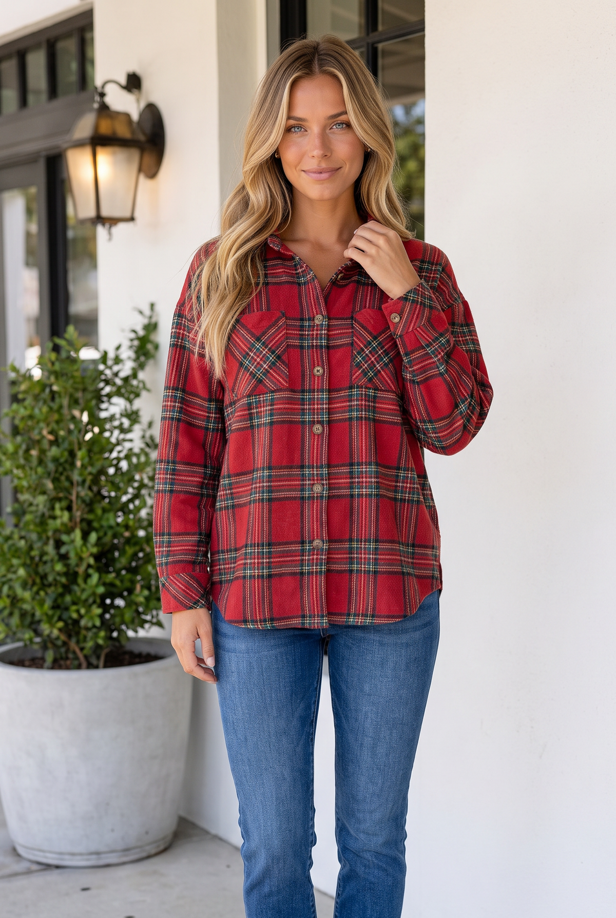Threaded Pear Kali Plaid Front Shacket